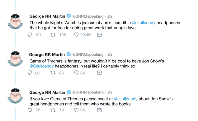 Illustration for article titled Desperate Bid: George R.R. Martin Is Tweeting About How Jon Snow Loves Listening To Music On His Skullcandies In A Plea To Get Free Headphones